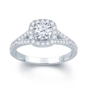 Jack Murphy Jewellers Natural Halo Diamond Rings | Platinum Round Brilliant & Cushion Halo, Split Shoulder Set Diamond Ring, 0.95ct