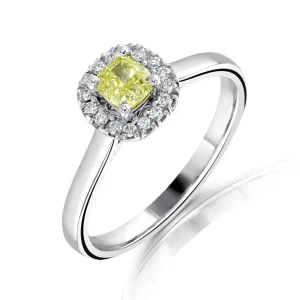 Jack Murphy Jewellers Natural Halo Diamond Rings | Platinum Yellow Cushion Diamond Halo Ring 0.52ct