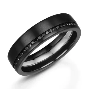 Jack Murphy Jewellers Zirconium Wedding Rings | Platinum Wedding Rings | Platinum, Zirconium & Black Diamond 6mm Matte Traditional Court Wedding Band, 0.50ct