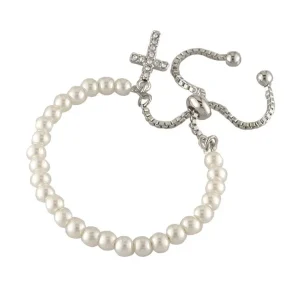 Jack Murphy Jewellers Childrens Jewellery | Jmj Sterling Silver Jewellery | Rhodium Plated Silver Children's Pearl & Cross Adjustable Bracelet