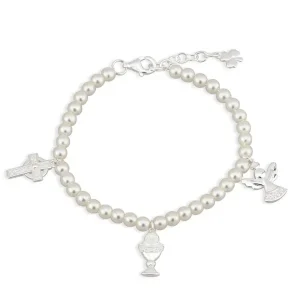 Jack Murphy Jewellers Childrens Jewellery | Jmj Sterling Silver Jewellery | Rhodium Plated Silver Children's Pearl & Cross Bracelet