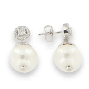 Jack Murphy Jewellers Bridal Jewellery | Jmj Sterling Silver Jewellery | Sterling Silver Brilliant Round Halo CZ & Drop Pearl Earrings