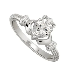 Jack Murphy Jewellers Jmj Sterling Silver Jewellery | Sterling Silver Claddagh & Heart, Shoulder Set CZ Ring