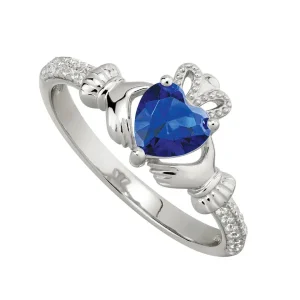 Jack Murphy Jewellers Jmj Sterling Silver Jewellery | Sterling Silver Claddagh & Sapphire Heart, Shoulder Set CZ Ring