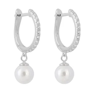 Jack Murphy Jewellers Bridal Jewellery | Jmj Sterling Silver Jewellery | Sterling Silver CZ & Pearl Hoop Earrings
