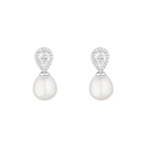 Jack Murphy Jewellers Bridal Jewellery | Jmj Sterling Silver Jewellery | Sterling Silver Pear, Halo CZ & Drop Pearl Earrings