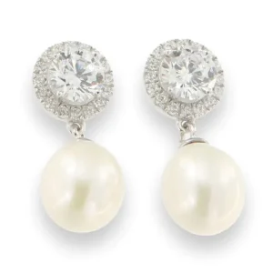Jack Murphy Jewellers Bridal Jewellery | Jmj Sterling Silver Jewellery | Sterling Silver Round, Halo CZ & Drop Freshwater Pearl Earrings